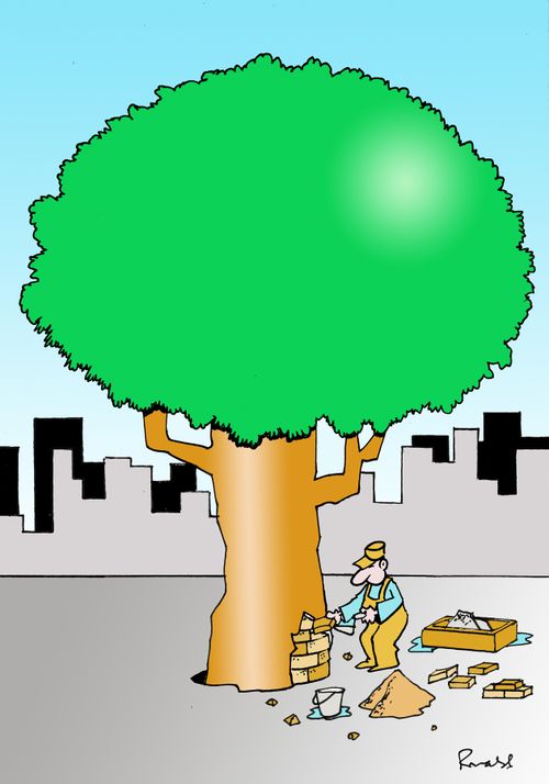 A bricklayer building a tree
