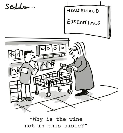 "Why is the wine not in this aisle?"