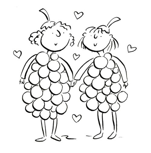 A couple dressed as a bunch of grapes