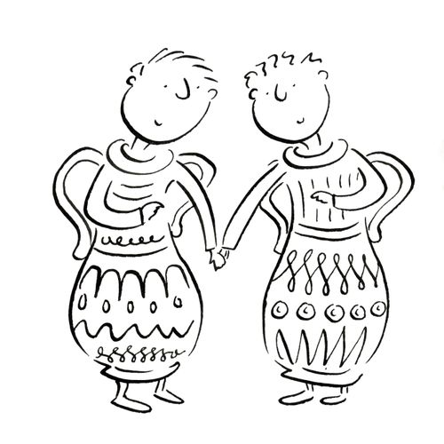 Two men in urns holding hands