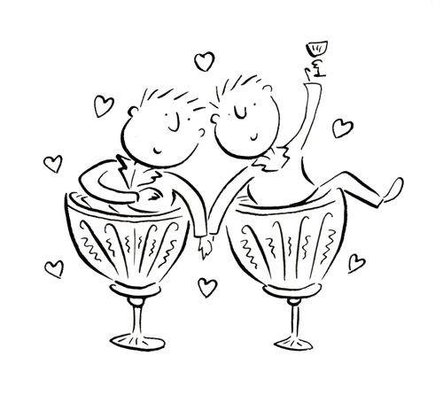 Two men in love, sitting in vintage champaign glasses