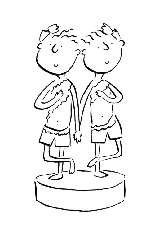 Two men wearing laurels and holding hands