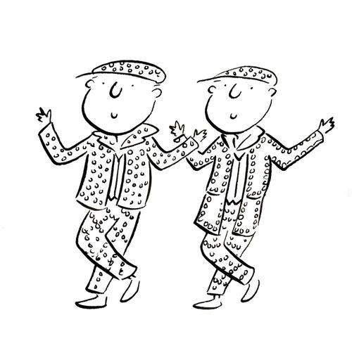 Two dancers in bejeweled suits and flat caps