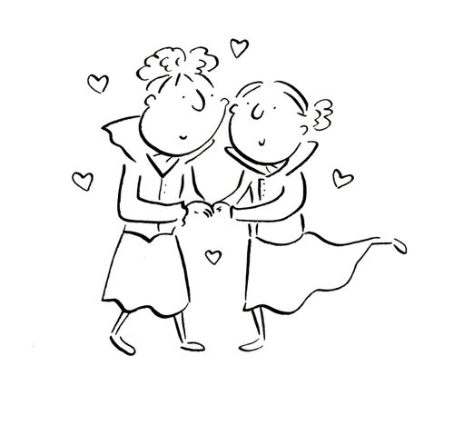 Two women holding hands surrounded by love hearts