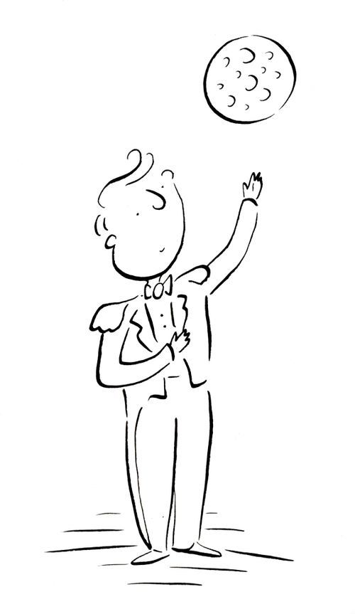 A man gesturing at the moon