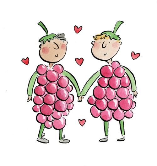 A couple dressed as grapes