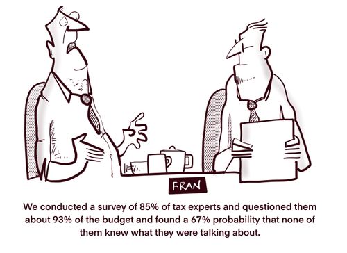 "We conducted a survey of 85% of tax experts and questioned them about 93% of the budget and found a 67% probability that none of them knew what they were talking about."