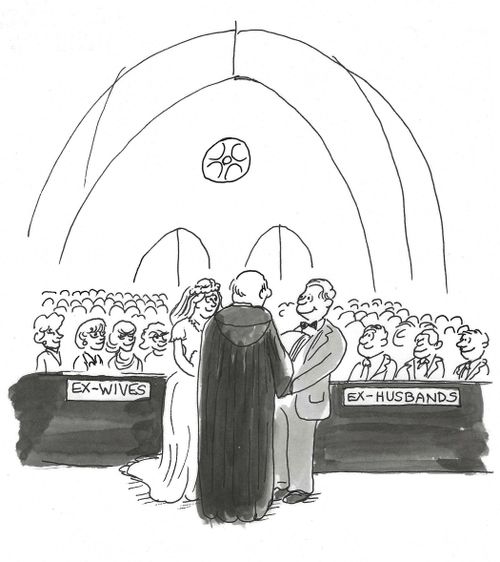 Wedding with 'Ex-wives' and 'Ex-husbands' as places to sit.