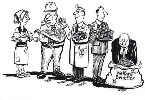 Welfare benefits being handed by men towards an unemployed woman.