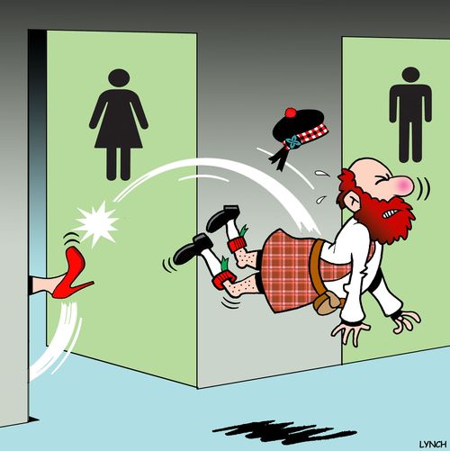 Scottish man wearing a kilt is kicked out of the women's bathroom.