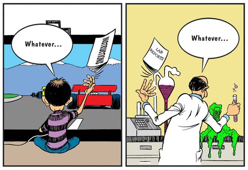 Child ignoring instructions on a video game and scientist ignoring instructions in a lab.