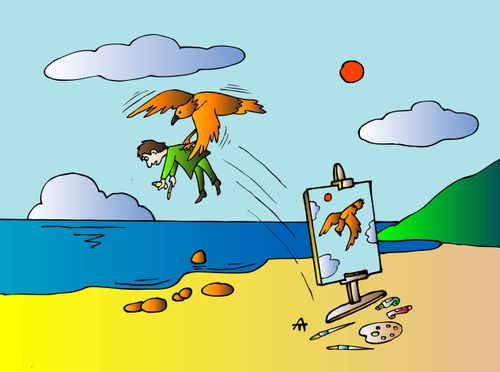 Painter drawing bird of prey gets preyed on.