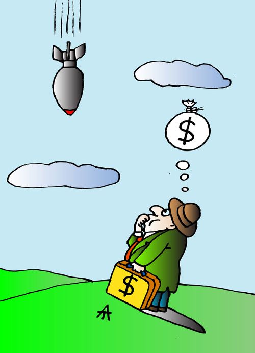 Businessman thinking a nuclear bomb falling is a potential business opportunity.
