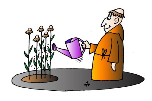 Monk growing flowers which look like his tonsure.