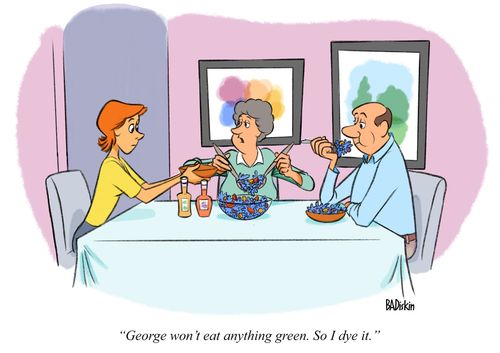 "George won't eat anything green. So I dye it."