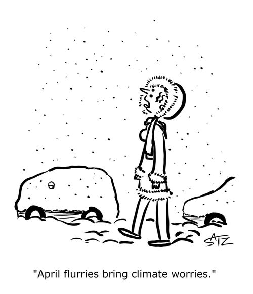 "April flurries bring climate worries."