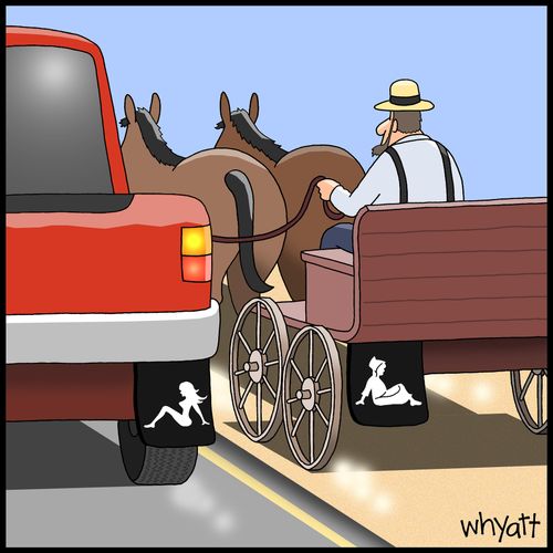 Amish Mudflap girl next to trucker's Mudflap girl.