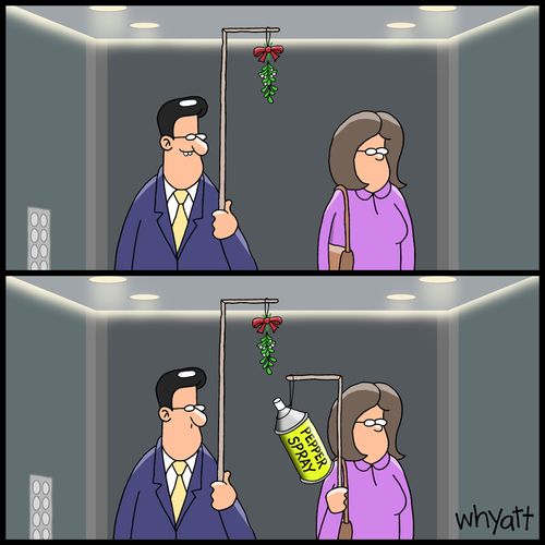 Woman aims pepper spray at man who tries to kiss her using mistletoe.
