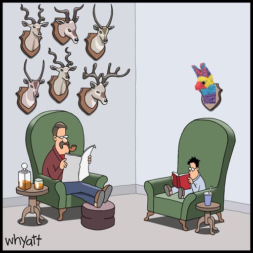 Child with pinata head on the wall instead of moose head.