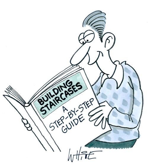 Man reading the book 'Building Staircases: A Step-By-Step Guide'.
