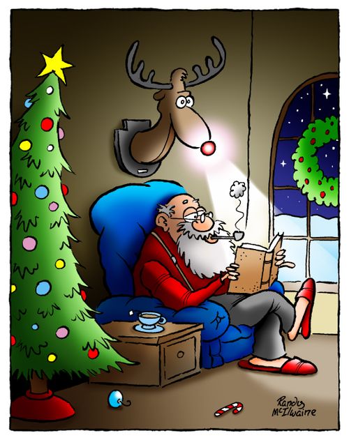 Santa sits under a hunting trophy with a shiny nose