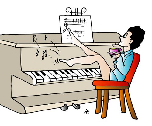 Woman playing piano with her feet.