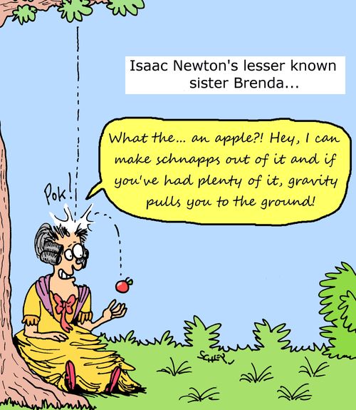 "What the... an apple?! Hey, I can make schnapps out of it and if you've had plenty of it, gravity pulls you to the ground!"