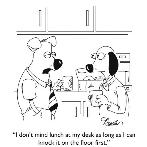 "I don't mind lunch at my desk as long as I can knock it on the floor first."