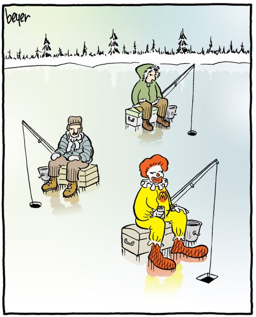 A clown ice fishing through a square hole