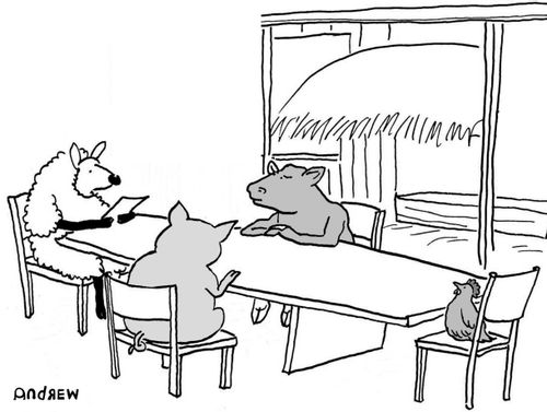 Four farm animals sitting down for a meal.