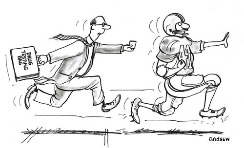 Drug testing man chasing American Football player for a urine sample.
