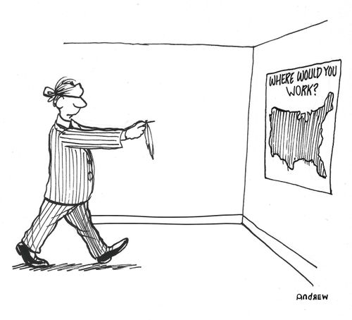 Unemployed person pinning a point on the map for where they want to work.
