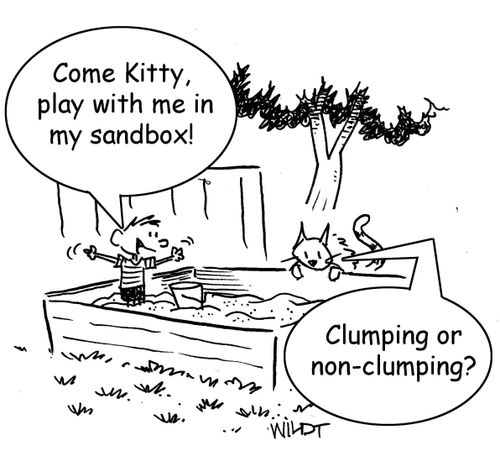 "Come Kitty, play with me in my sandbox!" "Clumping or non-clumping?"