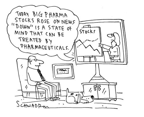 "Today big pharma stocks rose on news 'down' is a state of mind that can be treated by pharmaceuticals."