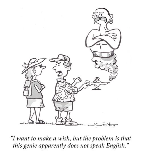 "I want to make a wish, but the problem is that this genie apparently does not speak English."