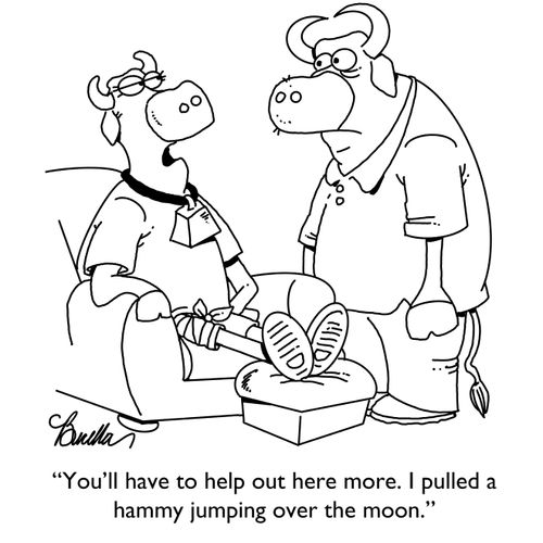 "You'll have to help out here more. I pulled a hammy jumping over the moon."