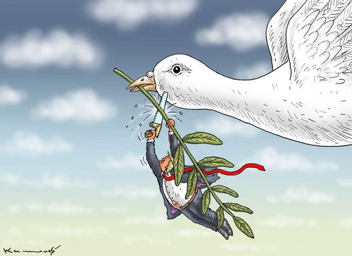 Donald Trump Cutting Olive Branch From Dove's Beak