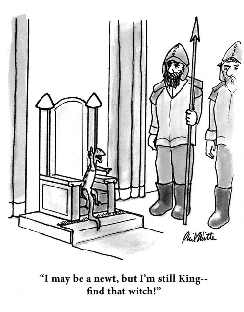 "I may be a newt, but I'm still King -- find that witch!"