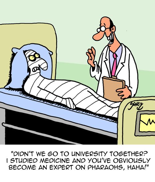"Didn't we go to university together? I studied medicine and you've obviously become an expert on pharaohs, haha!"