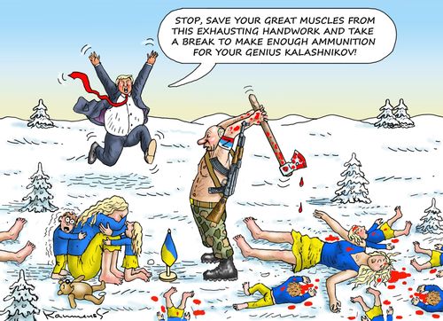 "Stop, save your great muscles from this exhausting handwork and take a break to make enough ammunition for your genius Kalashnikov!"