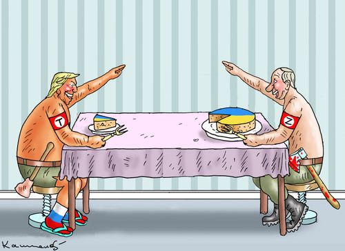 Donald Trump and Vladimir Putin Eating from Ukraine Cake