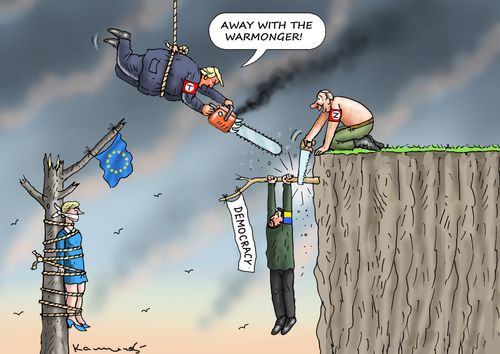 "Away with the warmonger!"