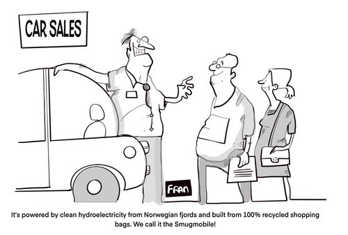 "It's powered by clean hydroelectricity from Norwegian fjords and built from 100% recycled shopping bags. We call it the Smugmobile!"