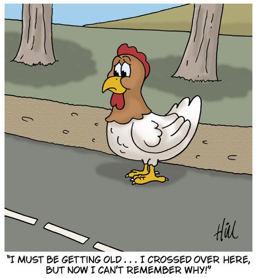 "I must be getting old . . . I crossed over here, but now I can't remember why!"