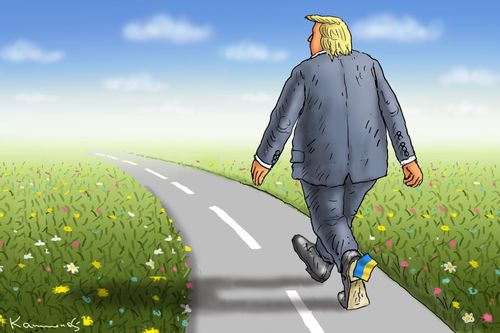 Donald Trump Walking With Ukrainian Flag Stuck To His Heel