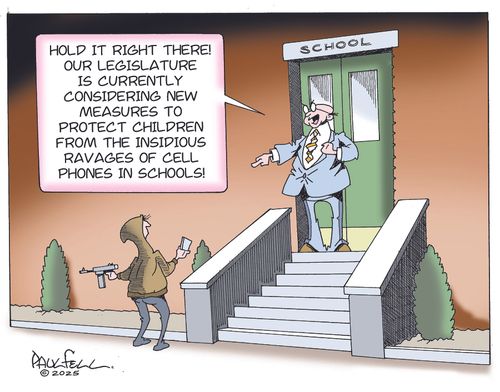 "Hold it right there! Our legislature is currently considering new measures to protect children from the insidious ravages of cell phones in schools!"