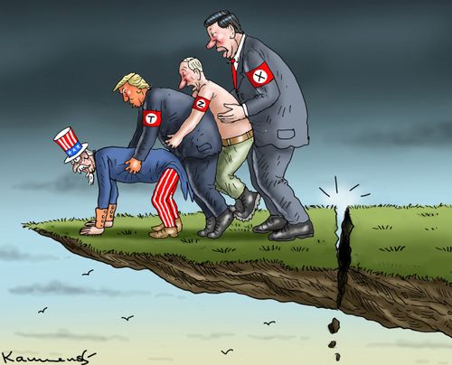 Uncle Sam, Donald Trump, Vladimir Putin, and Xi Jinping Falling Off Crumbling Cliff