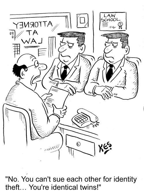 "No. You can't sue each other for identity theft. . . You're identical twins!"