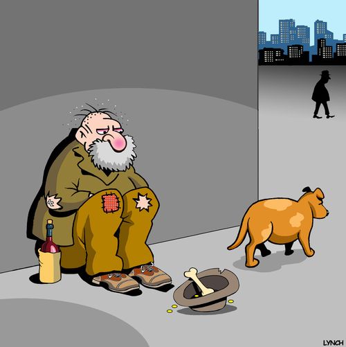 A dog leaves a bone in a homeless man's cap.