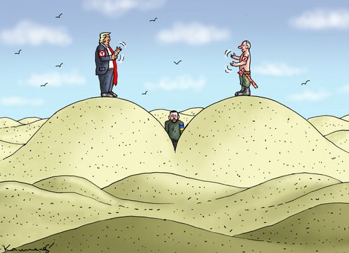 Trump and Putin Standing on Sandhills Next to Zelenskyy